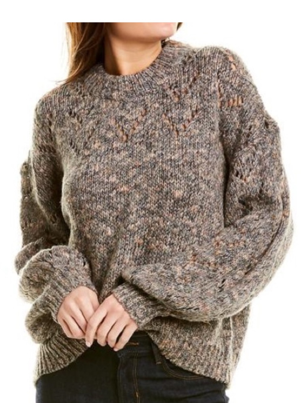Madewell Heathered Taupe Crewneck Balloon-Sleeve Sweater